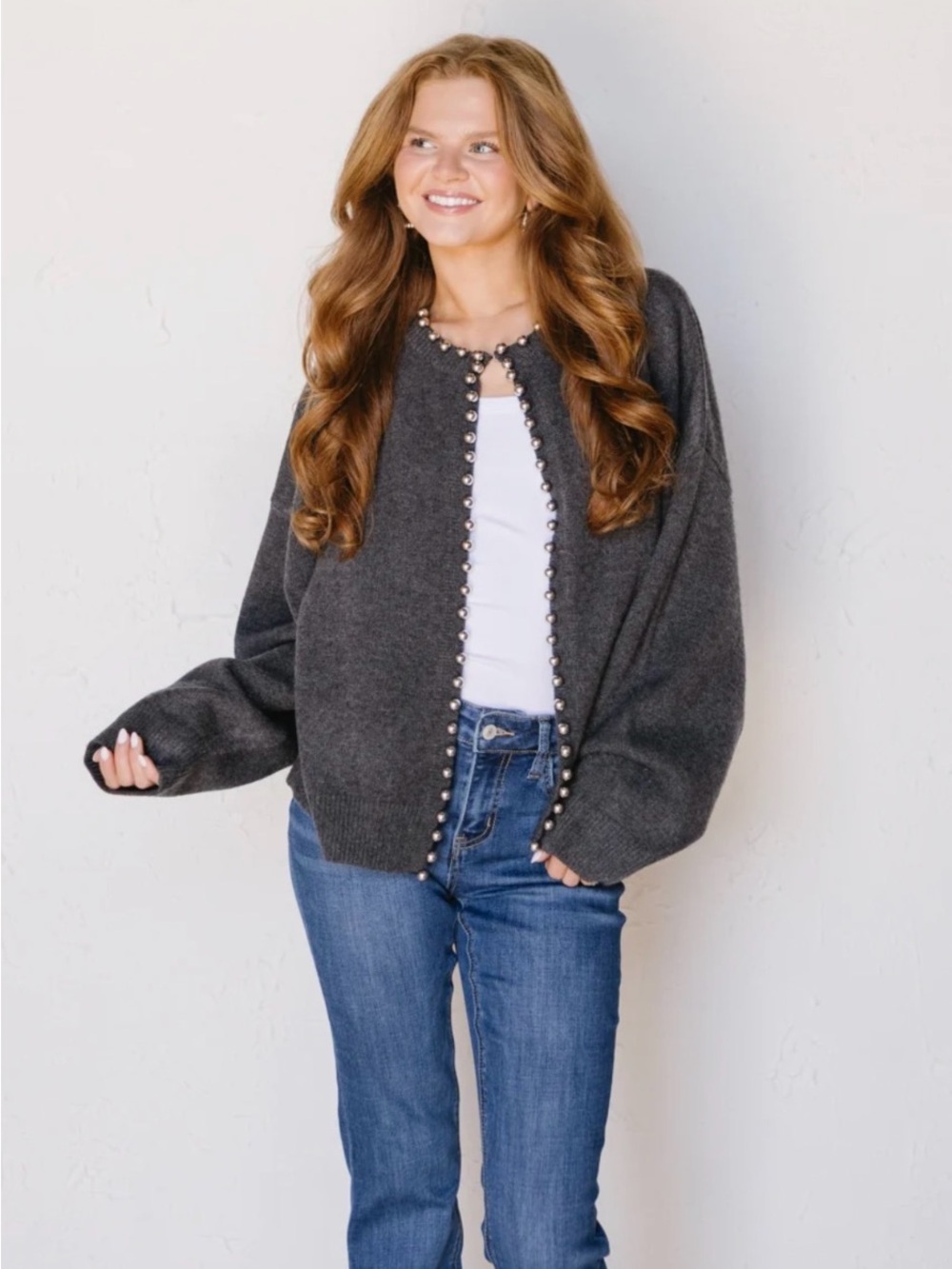 Vestique Charcoal Pearl Trim Cardigan Sweater - Women NWT Small